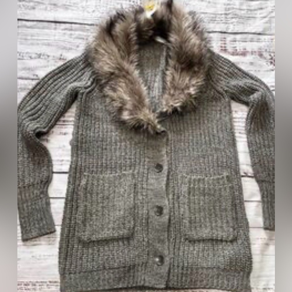 Jessica Simpson Gray Knit with Faux Fur Long sweater. Small.